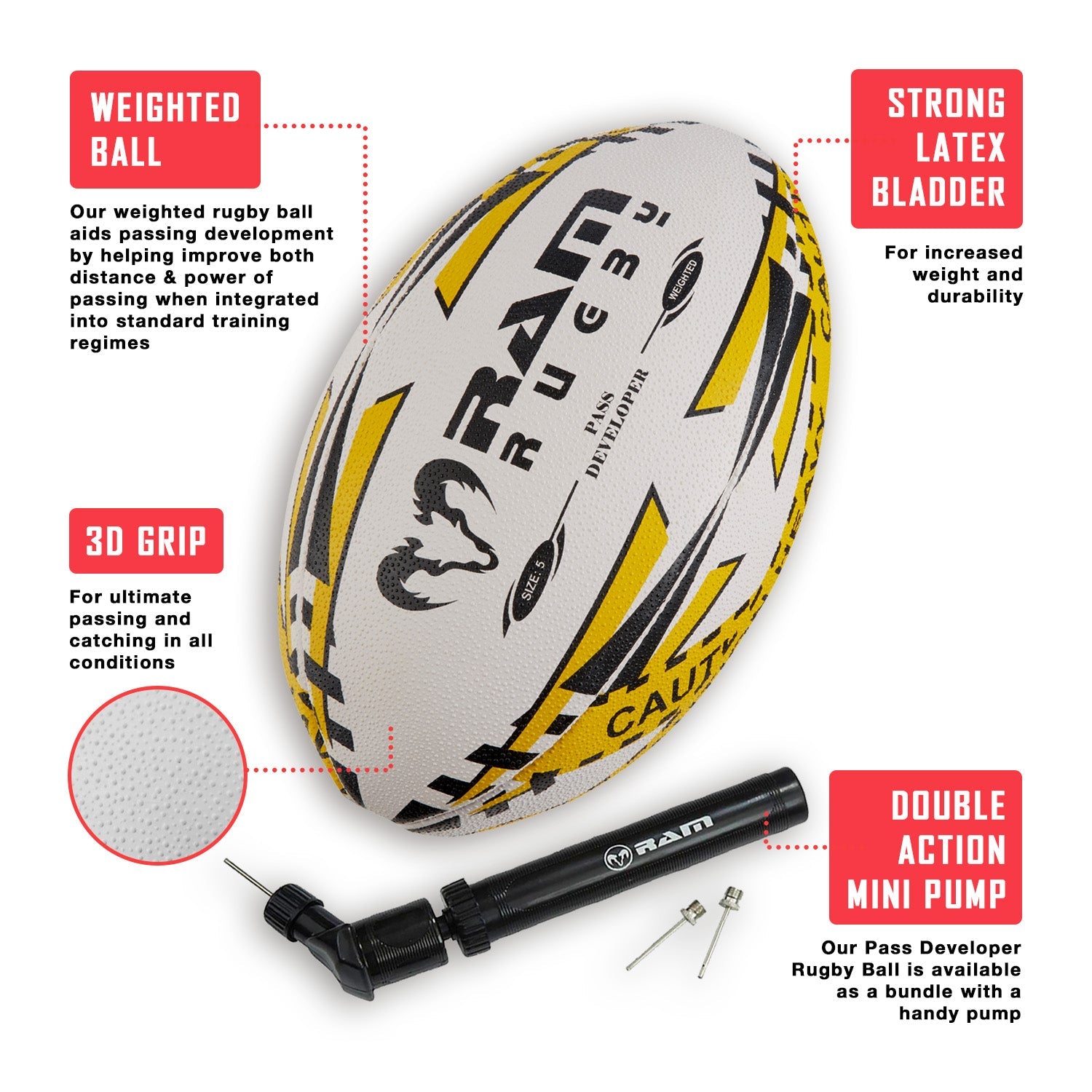 Ram Rugby Pass Developer Weighted Training Ball with durable 5-ply cotton canvas and 3D grip surface for passing skills