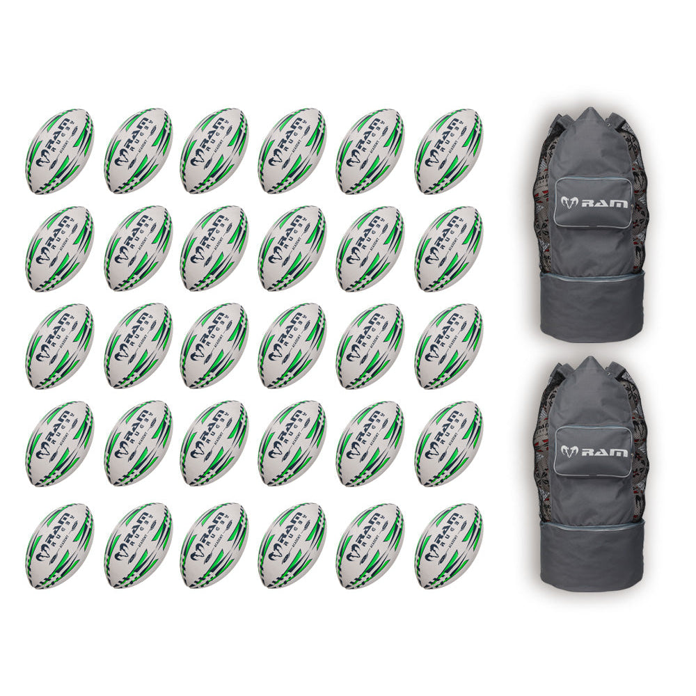 Ram Rugby Academy Trainer Ball Bundle with 30 orange youth rugby balls neatly stored in two breathable carrying bags for training