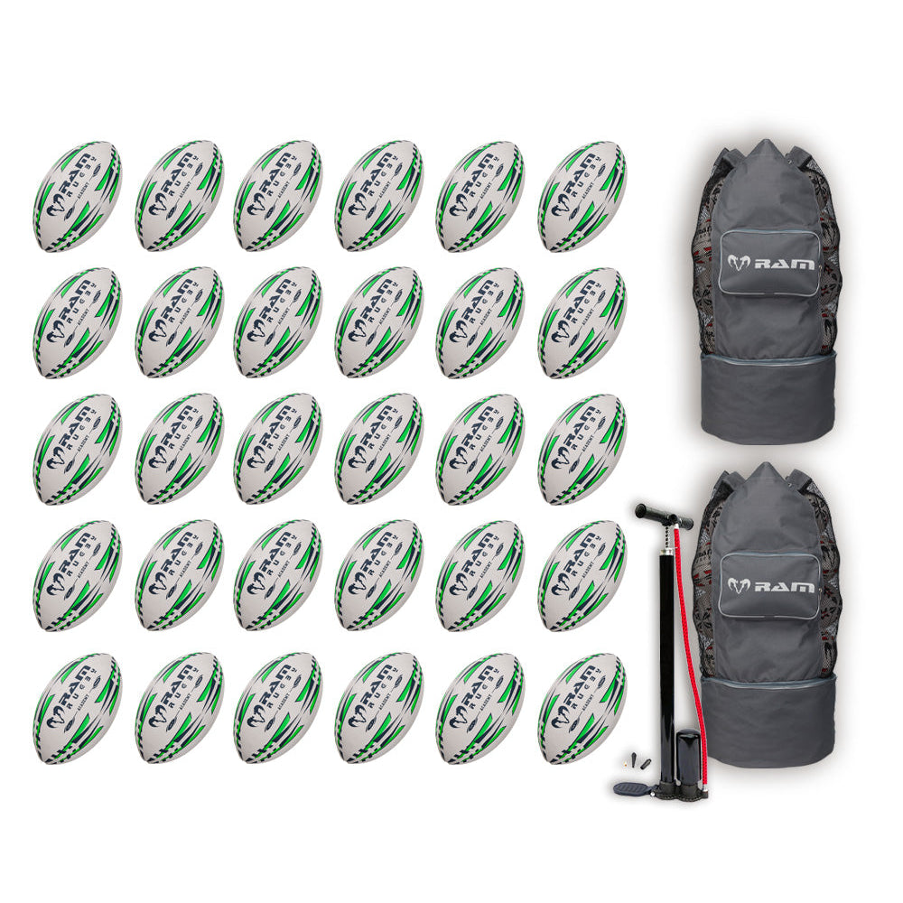 Ram Rugby Academy Trainer Ball Bundle 30 pack showing multiple blue and white rugby balls stored in breathable bags for training.