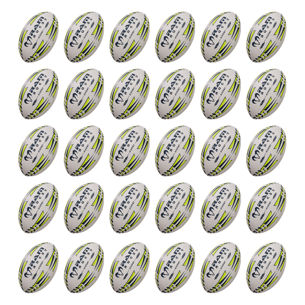 Thirty Ram Rugby Academy Trainer soft touch rugby balls neatly stacked beside two large breathable storage bags for training use
