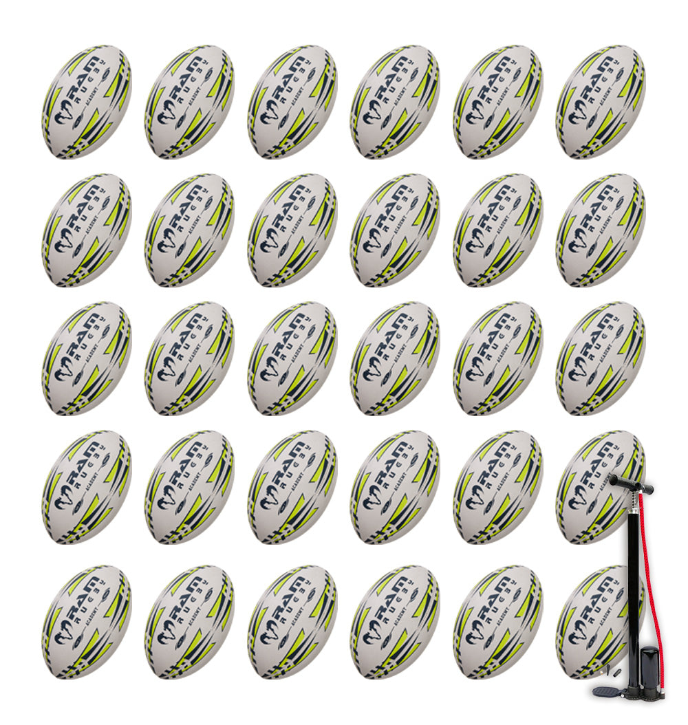 Ram Rugby Academy Trainer Ball Bundle with 30 youth-sized rugby balls and two breathable storage bags for training sessions