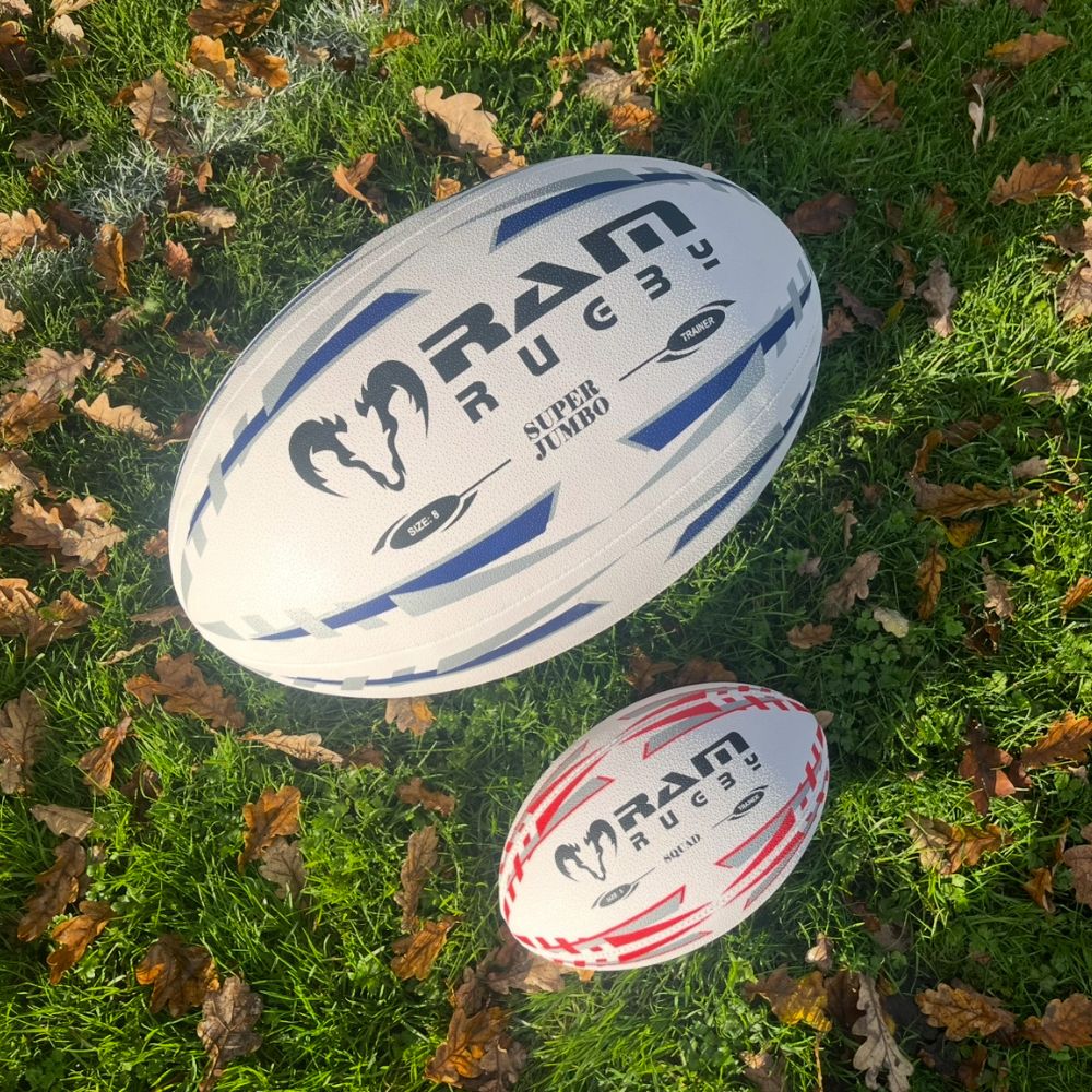 Bright blue Ram Rugby Giant 66cm Super Jumbo rugby ball with 3D grip, extra-large fun ball for prizes and promotions