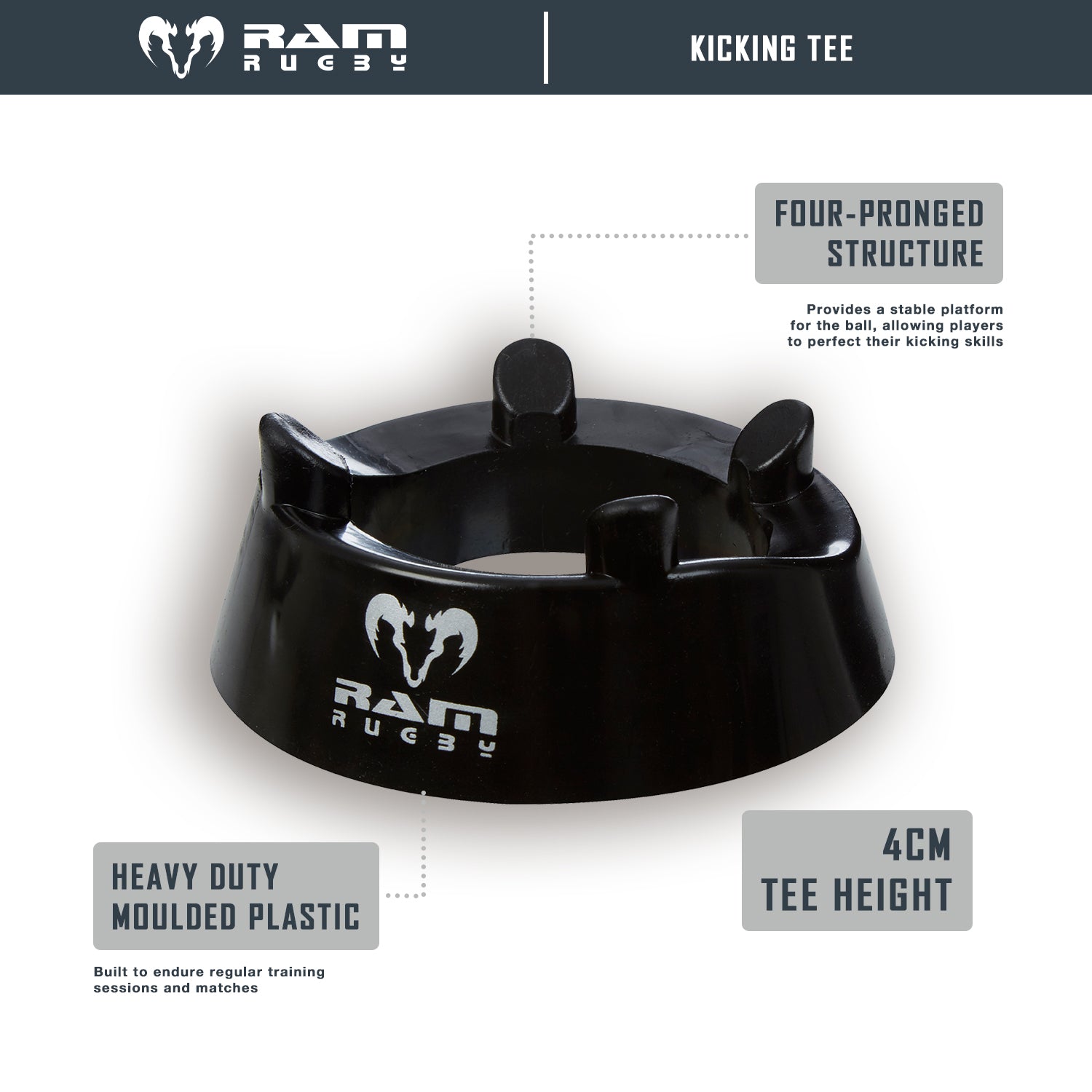 Ram Rugby Black Kicking Tee showing durable four-pronged 4cm moulded plastic design for stable rugby kicks