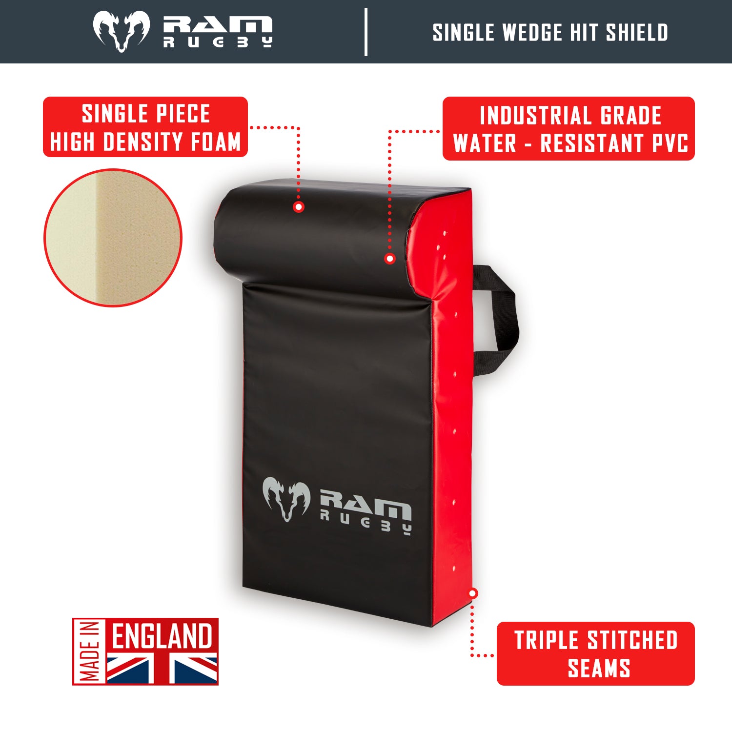 Ram Rugby Single Wedge Hit Shield Small with durable PVC cover and high-density foam core for youth rugby training