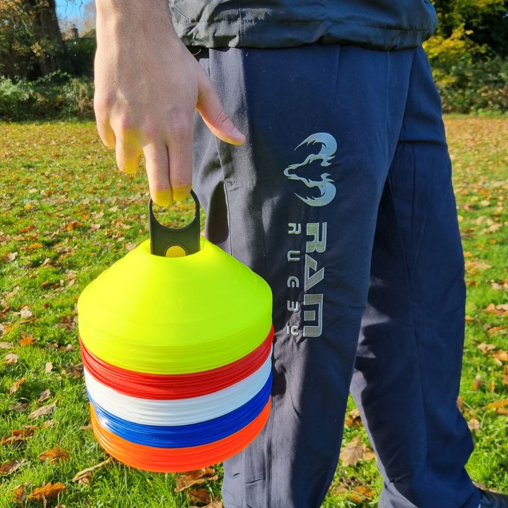 Set of 50 Ram Rugby marker cones in blue, red, white, fluoro yellow, and fluoro orange for durable training use