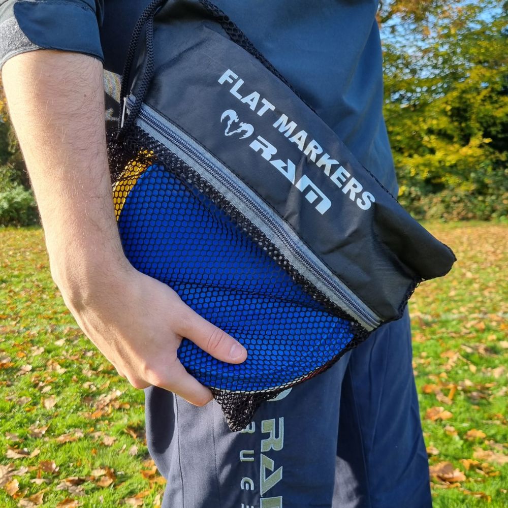 Set of 20 Ram Rugby flat marker cones in yellow, red, white, blue colors, non-slip rubber for training drills outdoors