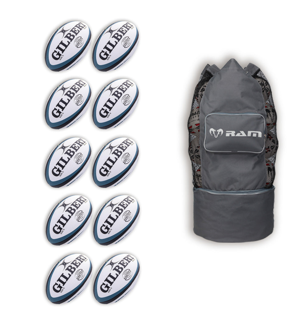 Ten Gilbert Kinetica rugby match balls stacked with the included breathable bag for senior club-level training and games