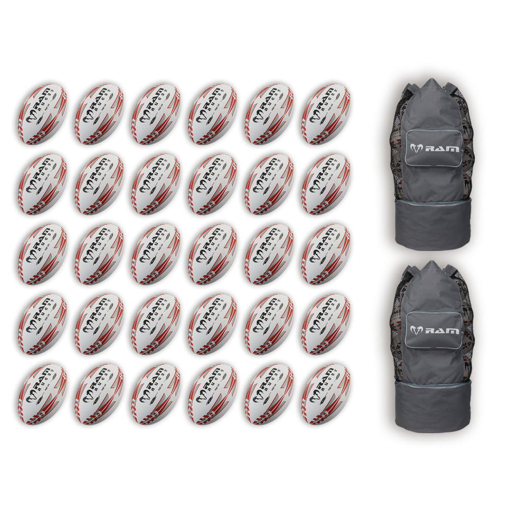 Ram Rugby Squad Trainer Ball Bundle with 30 size 5 rugby balls and 2 breathable black storage bags for training sessions