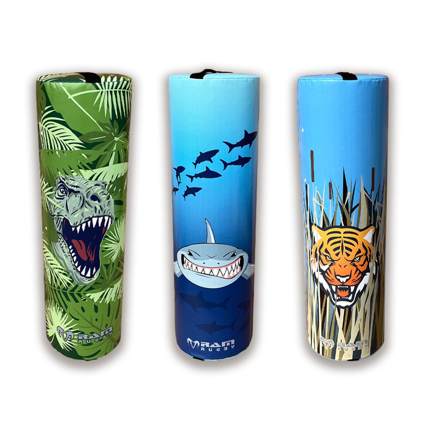 Ram Rugby kids 8kg water-resistant foam tackle bag with animal design, durable PVC cover, and adjustable straps for training