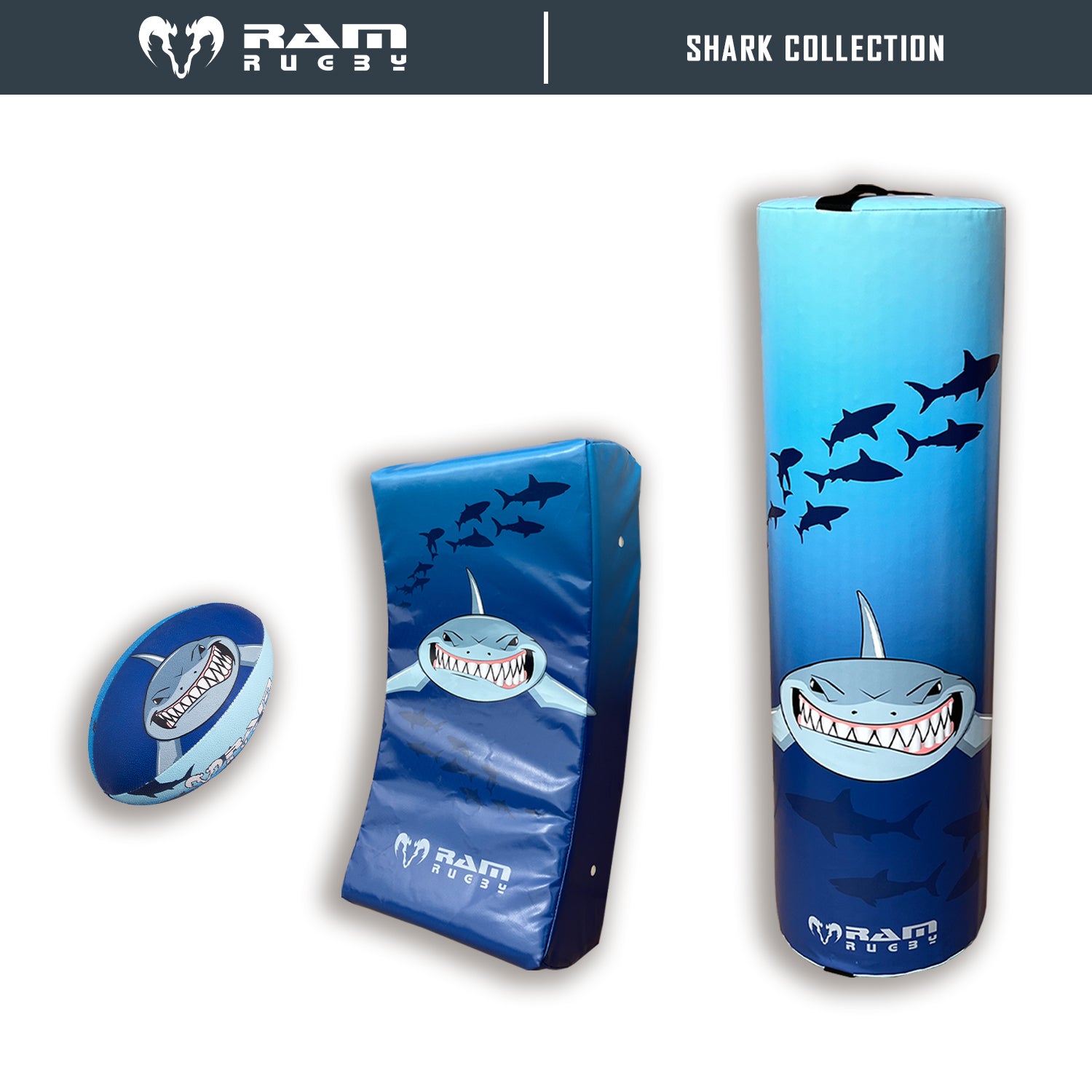 Ram Rugby 8kg kids tackle bag with animal design, water-resistant PVC, high-density foam, and adjustable straps for training