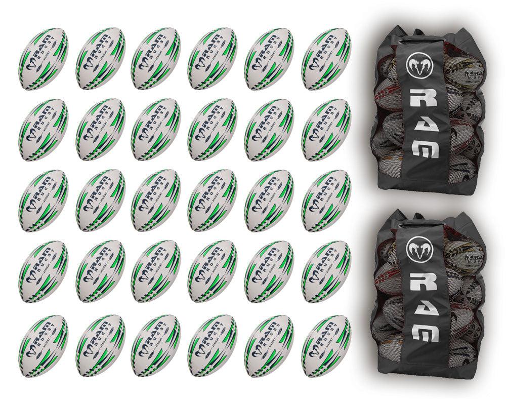 Ram Rugby Academy Trainer Ball Bundle with 30 youth rugby balls and two breathable storage bags for training and transport