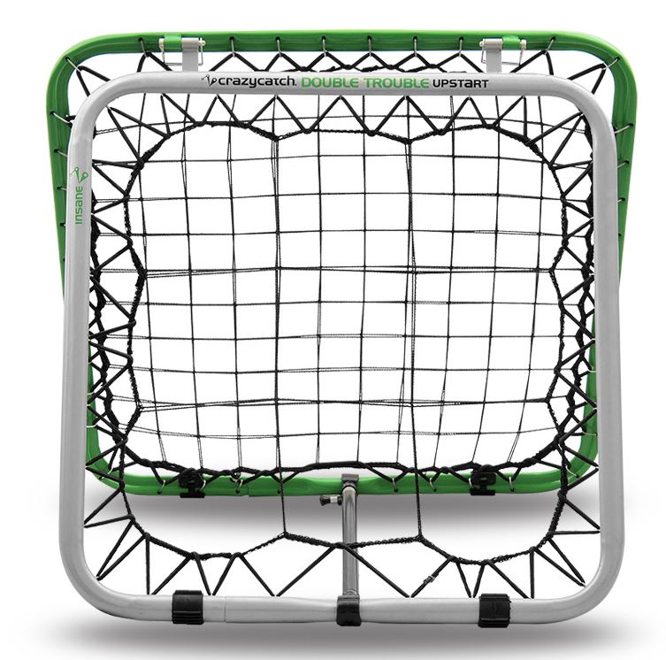 Crazy Catch Upstart Double Trouble rebound net showing dual-layer black netting designed for rugby training drills
