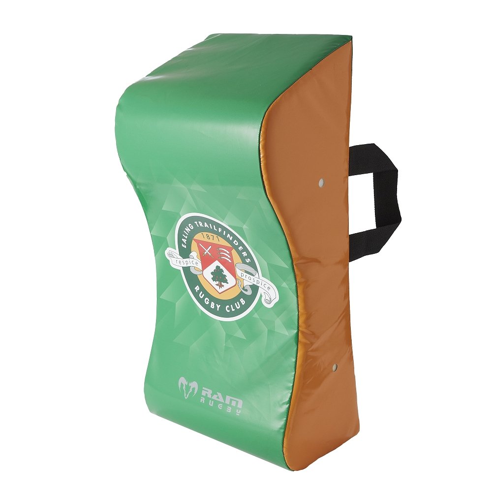 Ram Rugby custom hit shield showing durable padding and vibrant multicolor logo design for professional rugby training