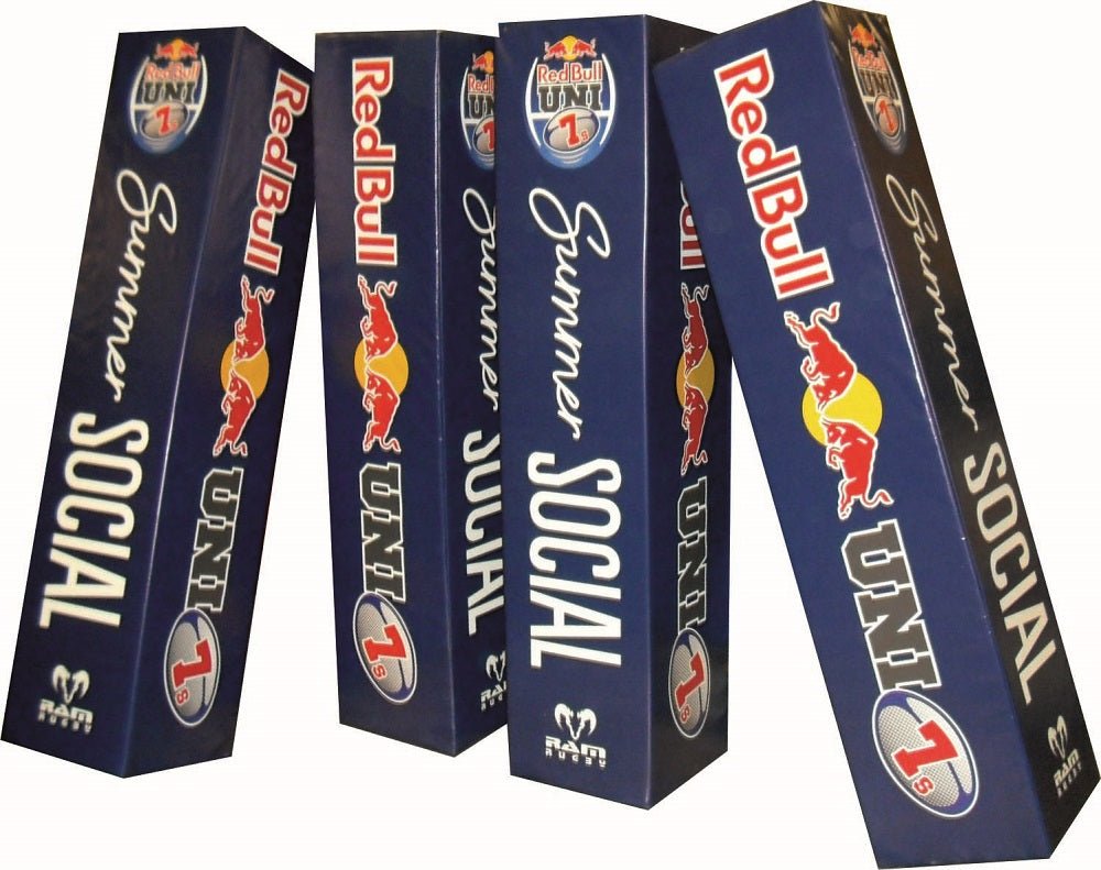 Set of 4 Ram Rugby custom digitally printed rugby post protectors in vibrant colors, designed for safety and branding.