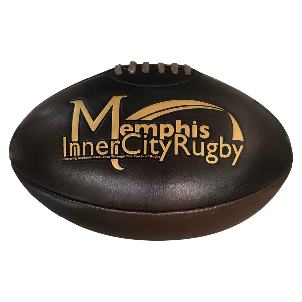 Close-up of Ram Rugby Custom Vintage Leather Heritage Rugby Ball Size 5 with embossed details and rich brown leather texture
