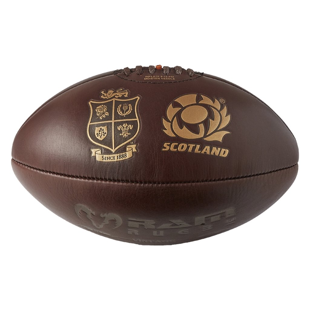 Close-up of Ram Rugby Custom Vintage Leather Heritage Rugby Ball showing embossed logo and rich brown leather texture