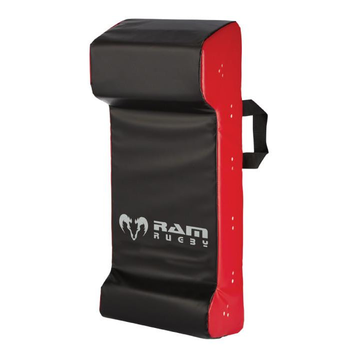 Ram Rugby Double Wedge Hit Shield in black and red, durable PVC with high-density foam for tackle practice impact absorption