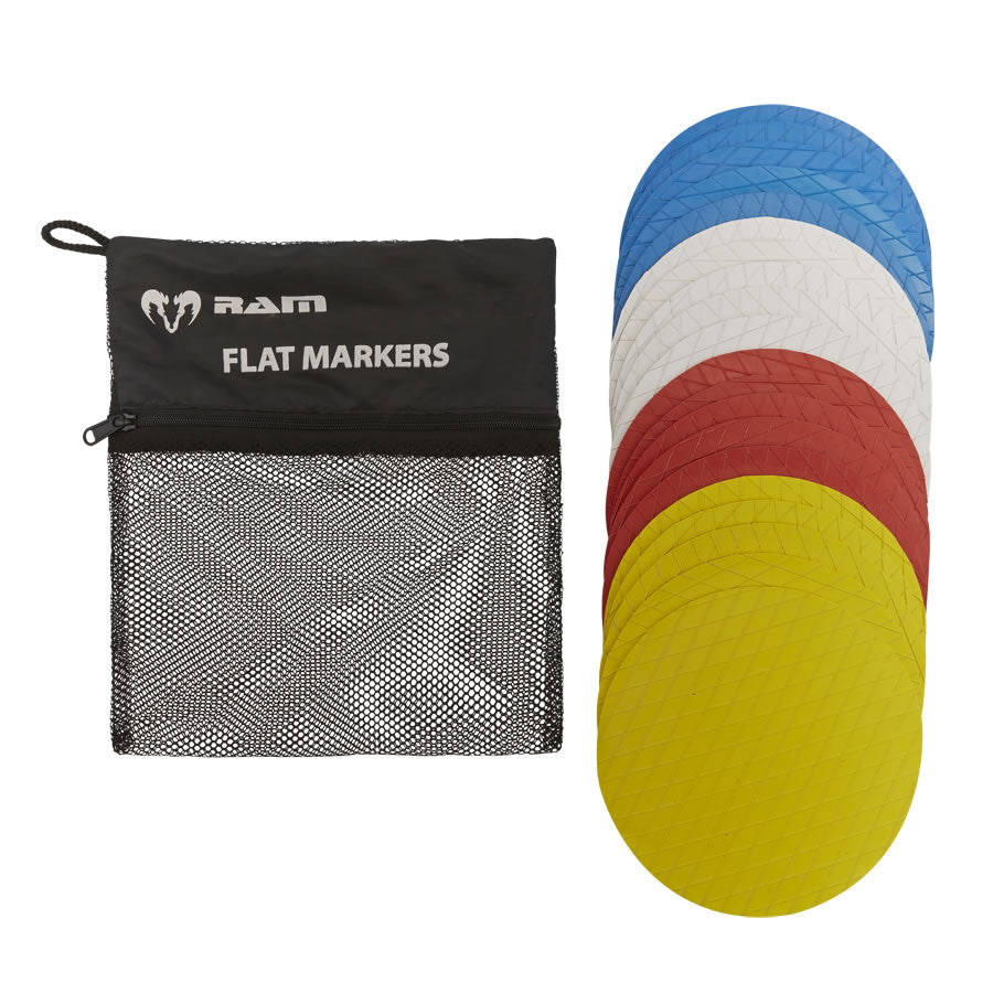 Set of 20 Ram Rugby flat marker cones in yellow, red, white, and blue non-slip rubber for rugby training drills