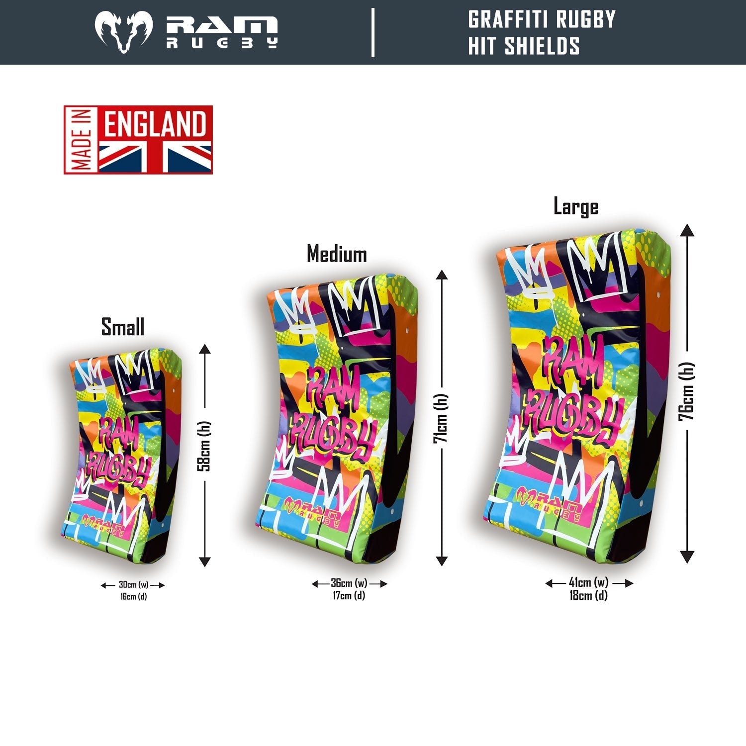 Ram Rugby Graffiti Design water-resistant hit shield showing curved contact pad held vertically for rugby training drills
