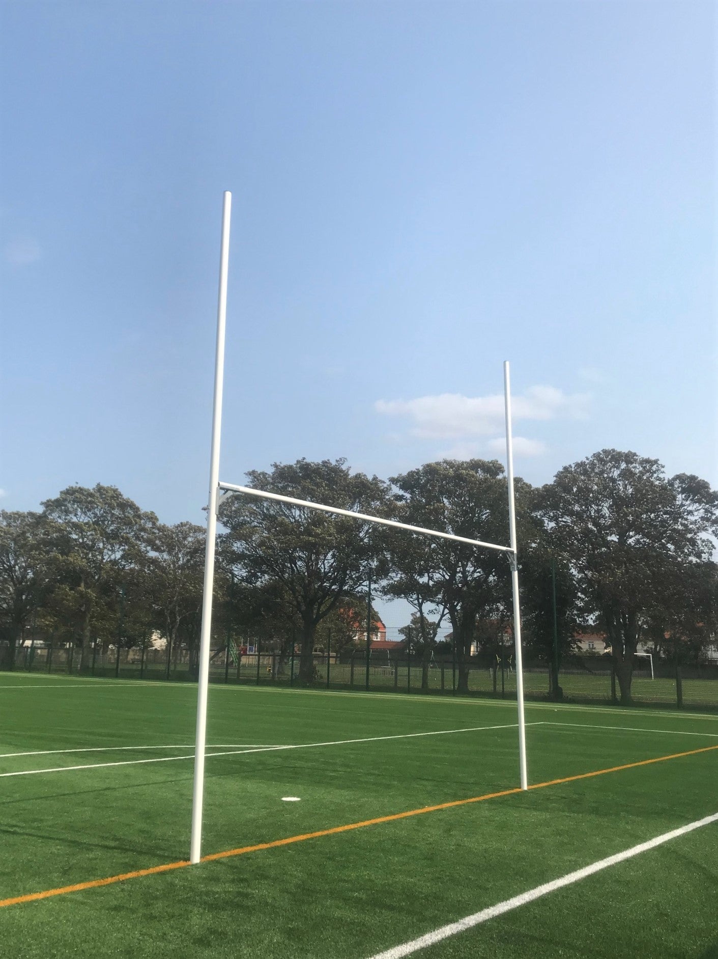 Ram Rugby 7m aluminium white hinged rugby goal posts with crossbar supports and durable uprights for easy installation