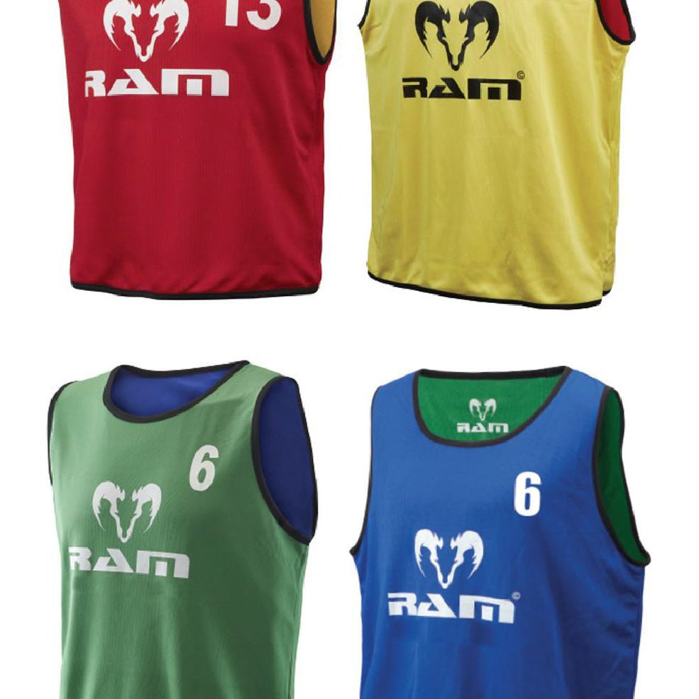 Ram Rugby reversible contact training bibs in blue and yellow, numbered set of 15 durable rugby practice vests