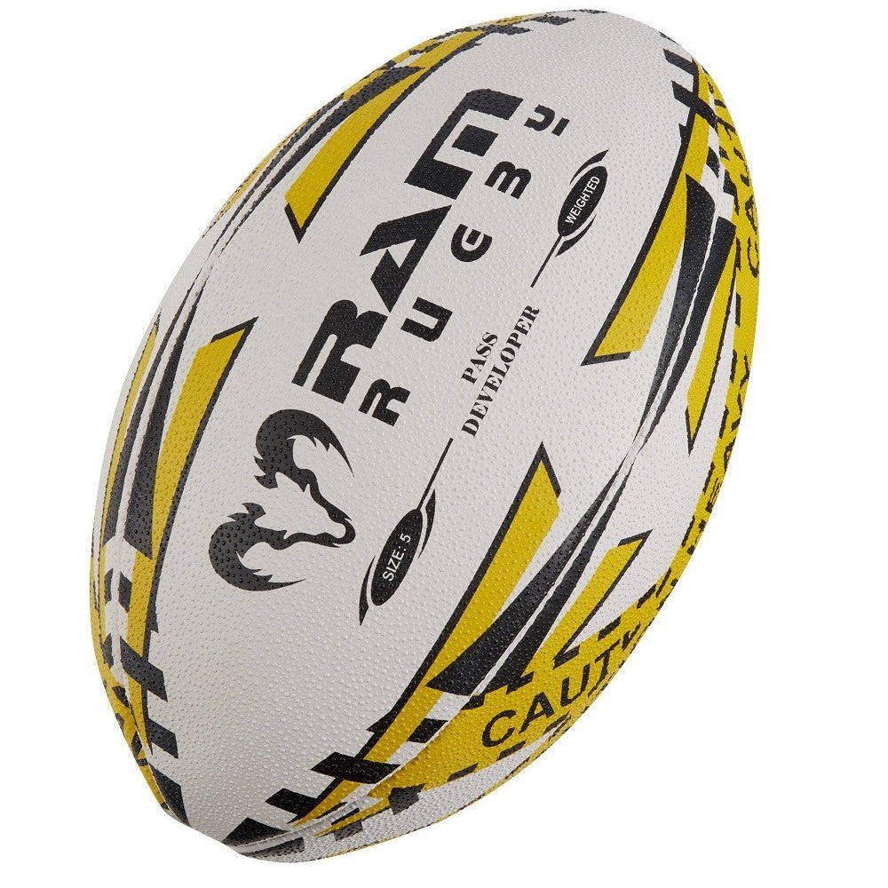 Ram Rugby Pass Developer weighted training ball in durable 5-ply cotton canvas with 3D grip, designed to improve rugby passing skills