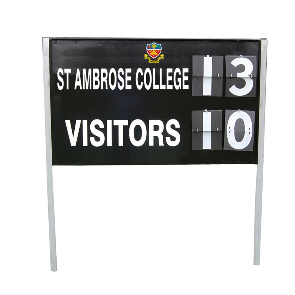 Ram Rugby Premier Scoreboard close-up showing durable timber frame and large flip numbers for scores up to 99 points