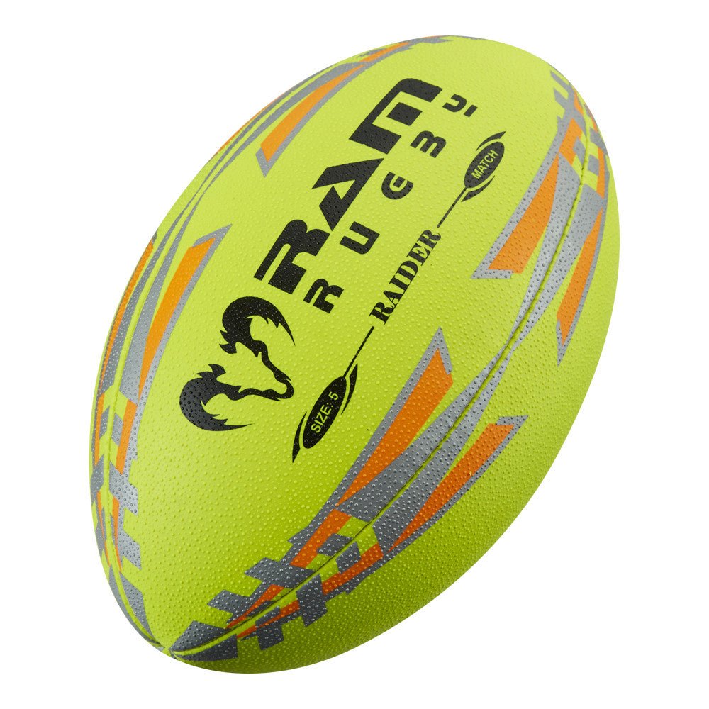Ram Rugby Raider 2.0 Neon Match Ball in bright neon yellow with integrated valve for enhanced flight stability and grip