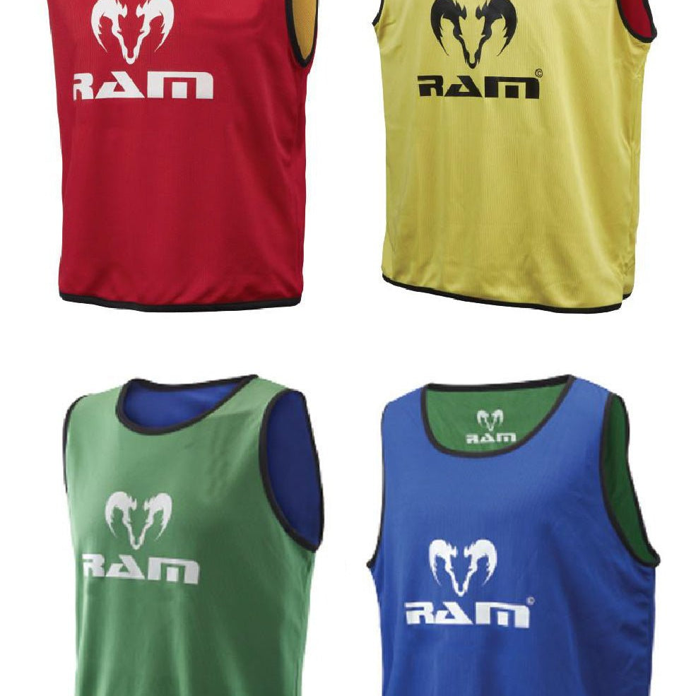 Set of 10 Ram Rugby reversible contact training bibs in green and yellow, made from durable acrylic for rugby practice