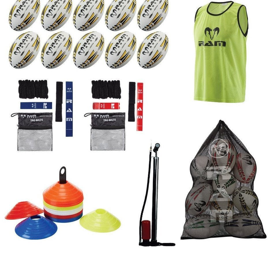 Ram Rugby Starter Coaching Bundle with training balls, mesh bibs, tag belts, grid cones, ball pump, and mesh bag for rugby training