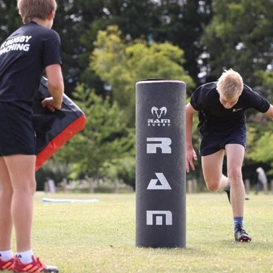 Ram Rugby High-Density Foam Tackle Bag in blue with water-resistant PVC, ideal for rugby training weighing 15KG
