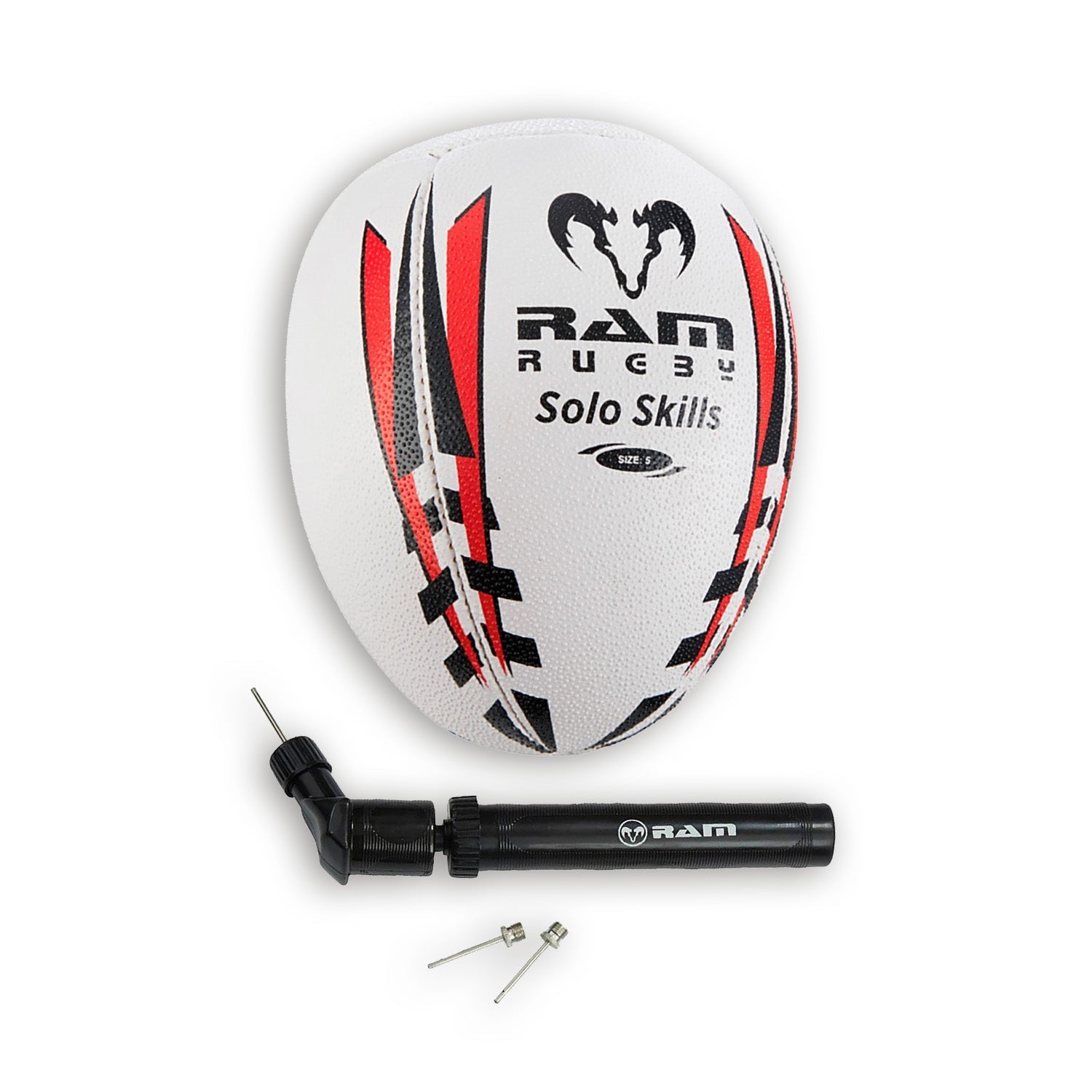 Ram Rugby Solo Skills Ball with flat edge and traditional rugby shape, designed for passing practice and wall training.