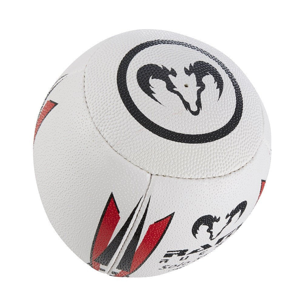 Ram Rugby Solo Skills Ball shown spinning mid-air with flat edge for passing practice and solo rugby training drills