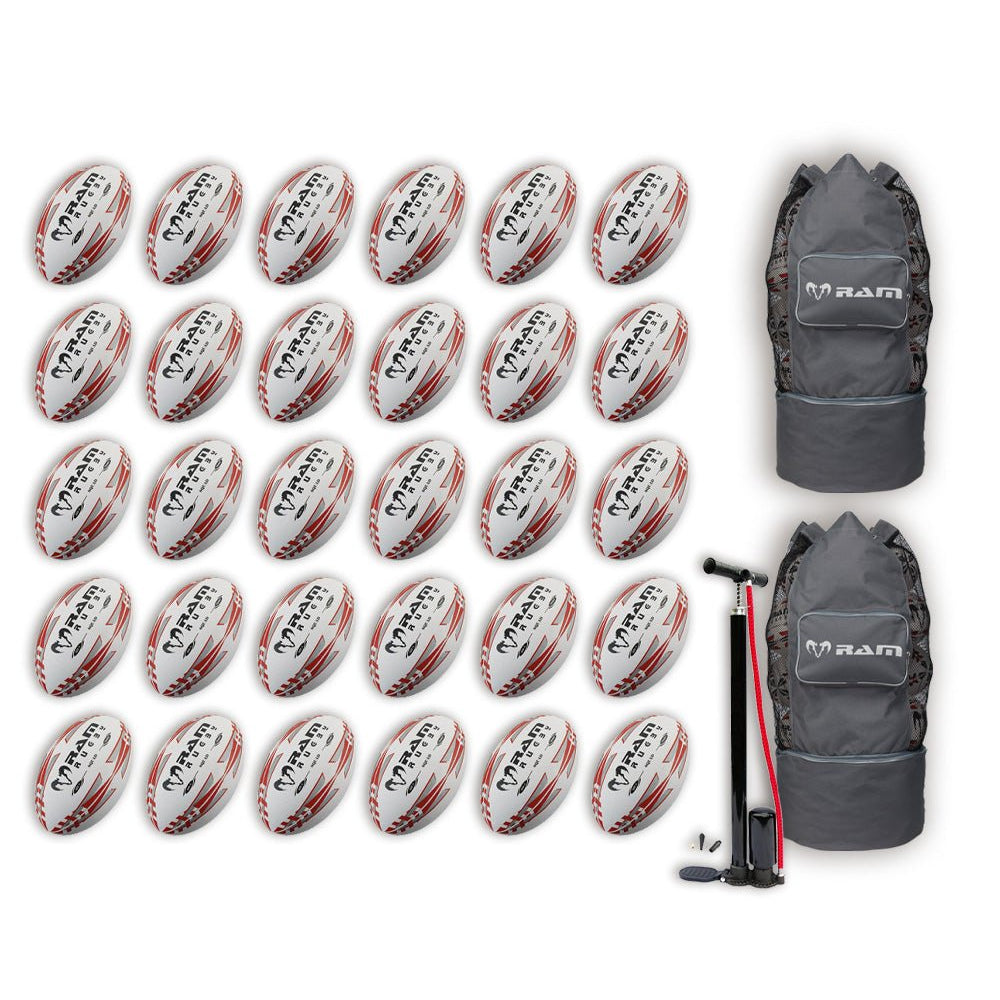 Thirty Ram Rugby Squad Trainer size 5 rugby balls neatly stacked with two breathable black storage bags for team training use