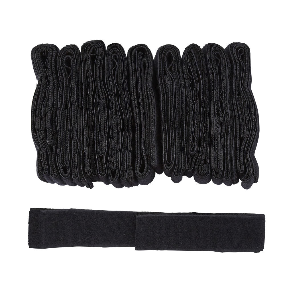 Set of 10 adjustable black Velcro tag rugby belts by Ram Rugby, designed for secure fit in small and large waist sizes