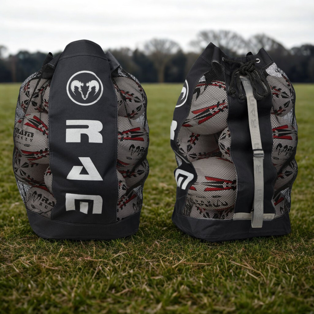 Mesh bags filled with rugby balls, illustrating how many balls a club needs