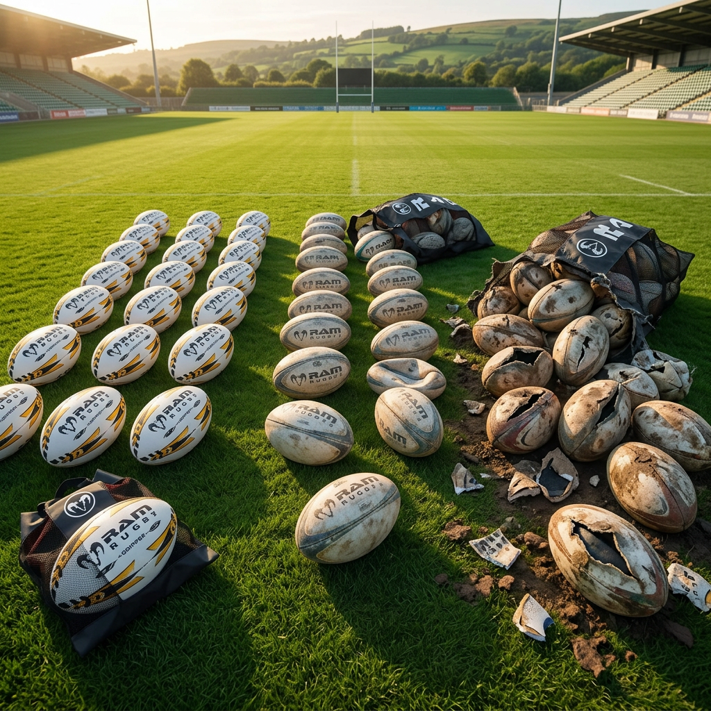 Frost-covered rugby ball on a cold winter training pitch