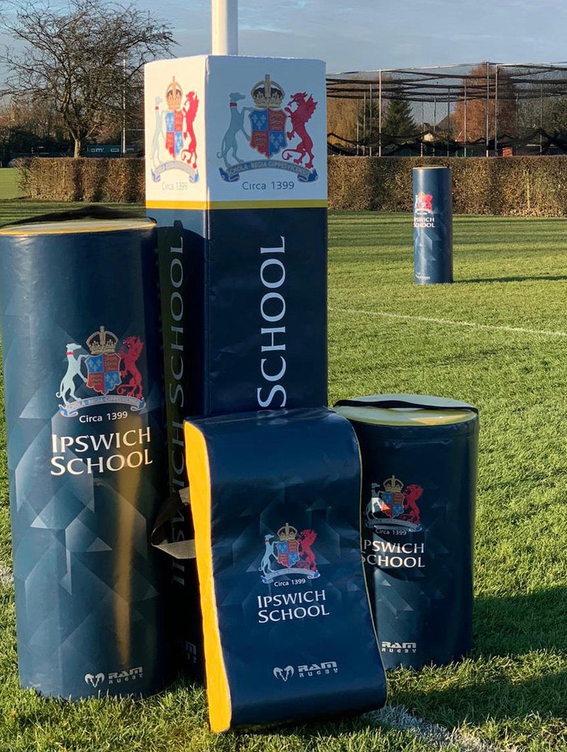 Custom printed tackle bags and post protector with a school crest