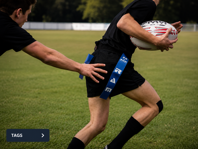 Player reaching for a tag on a RAM tag rugby belt