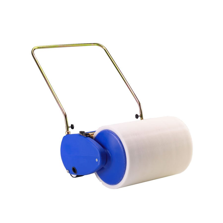 Blue RAM Rugby Water Remover machine with brushes clearing water from a damp grass rugby pitch in the Water Remover collection.