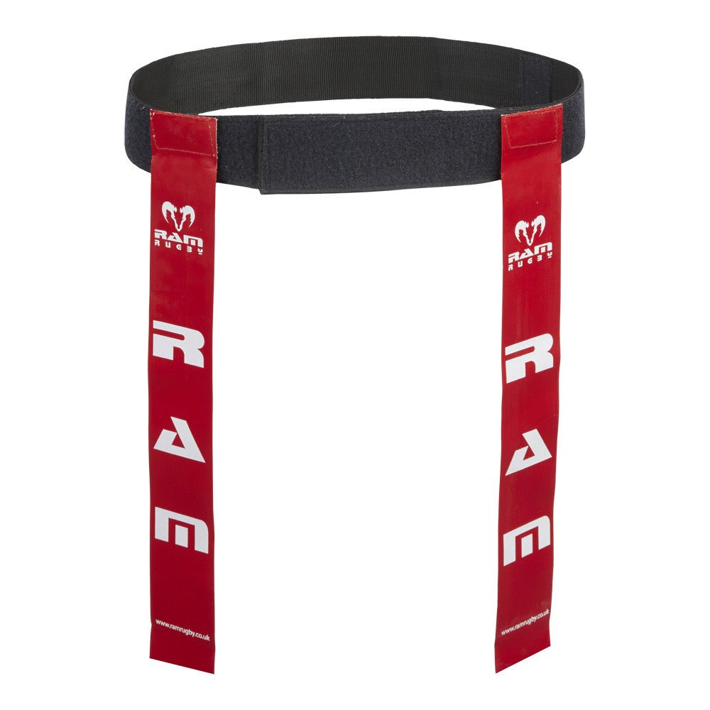 Set of durable red and blue PVC tag rugby belts with attached tags, showcasing All Tag Rugby collection by RAM Rugby brand