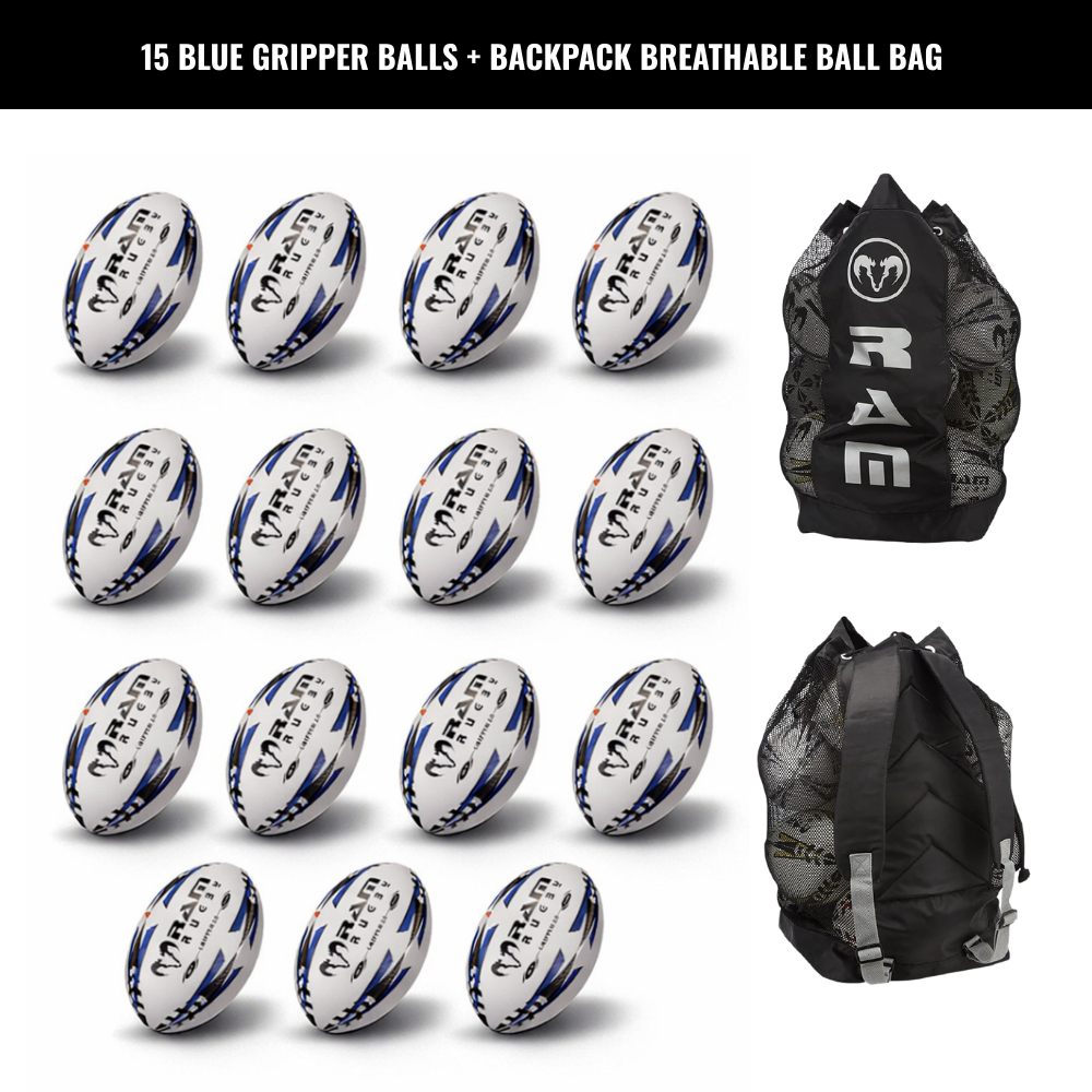 Ram Rugby Gripper 2.0 Pro Trainer Rugby Ball Bundle 15 Balls 1 Bags