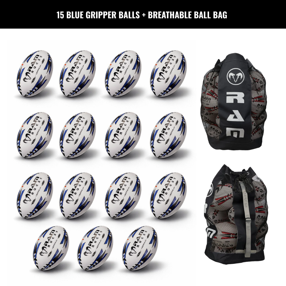 Ram Rugby Gripper 2.0 Pro Trainer Rugby Ball Bundle 15 Balls 1 Bags