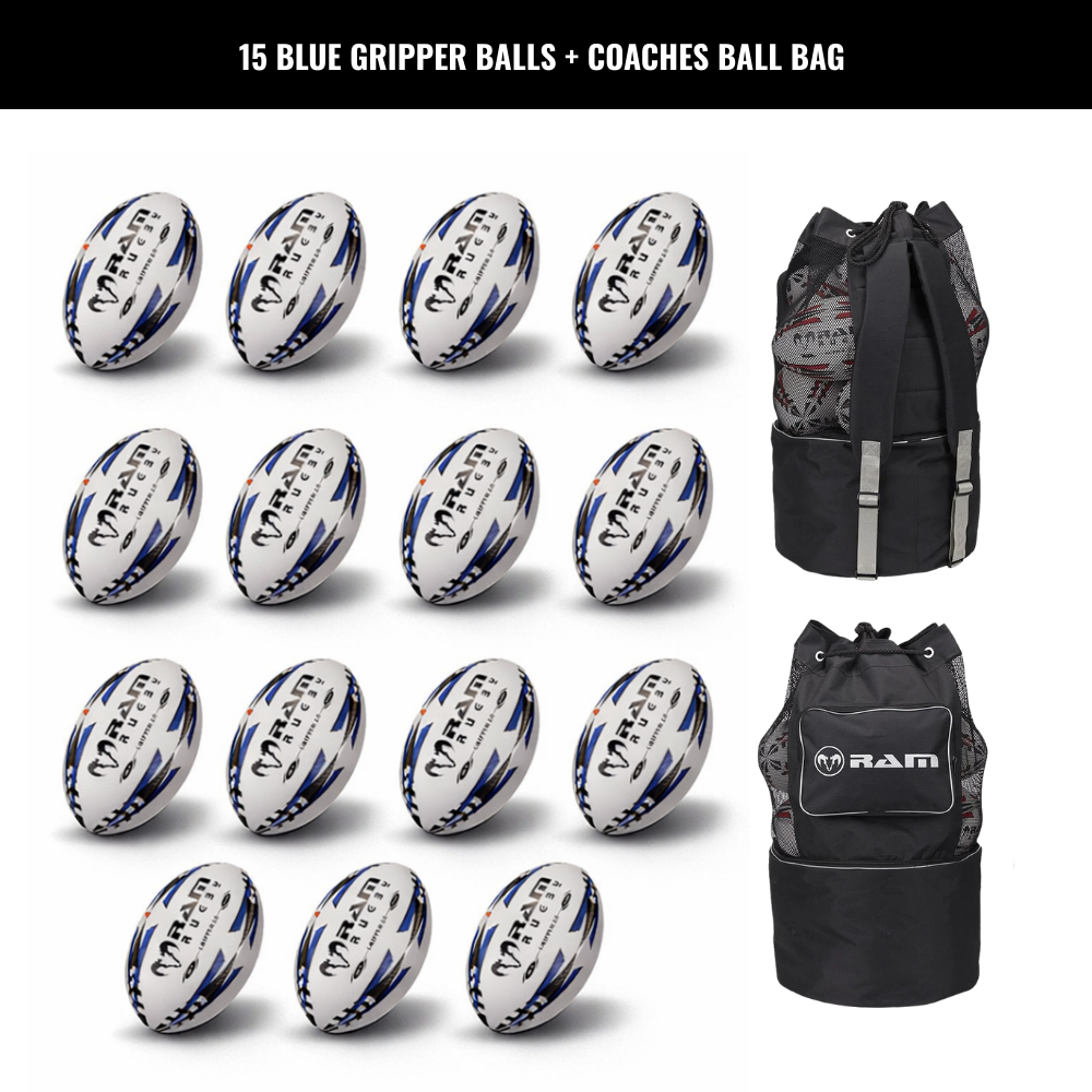 Ram Rugby Gripper 2.0 Pro Trainer Rugby Ball Bundle 15 Balls 1 Bags