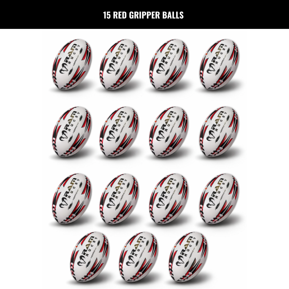 Ram Rugby Gripper 2.0 Pro Trainer Rugby Ball Bundle 15 Balls 1 Bags