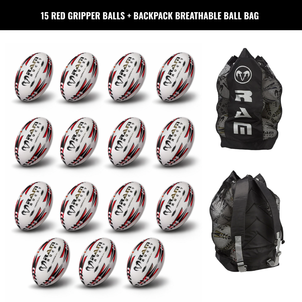 Ram Rugby Gripper 2.0 Pro Trainer Rugby Ball Bundle 15 Balls 1 Bags