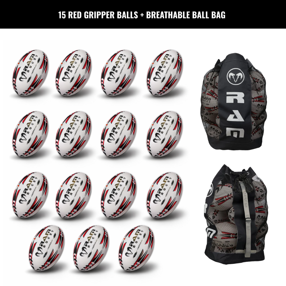 Ram Rugby Gripper 2.0 Pro Trainer Rugby Ball Bundle 15 Balls 1 Bags