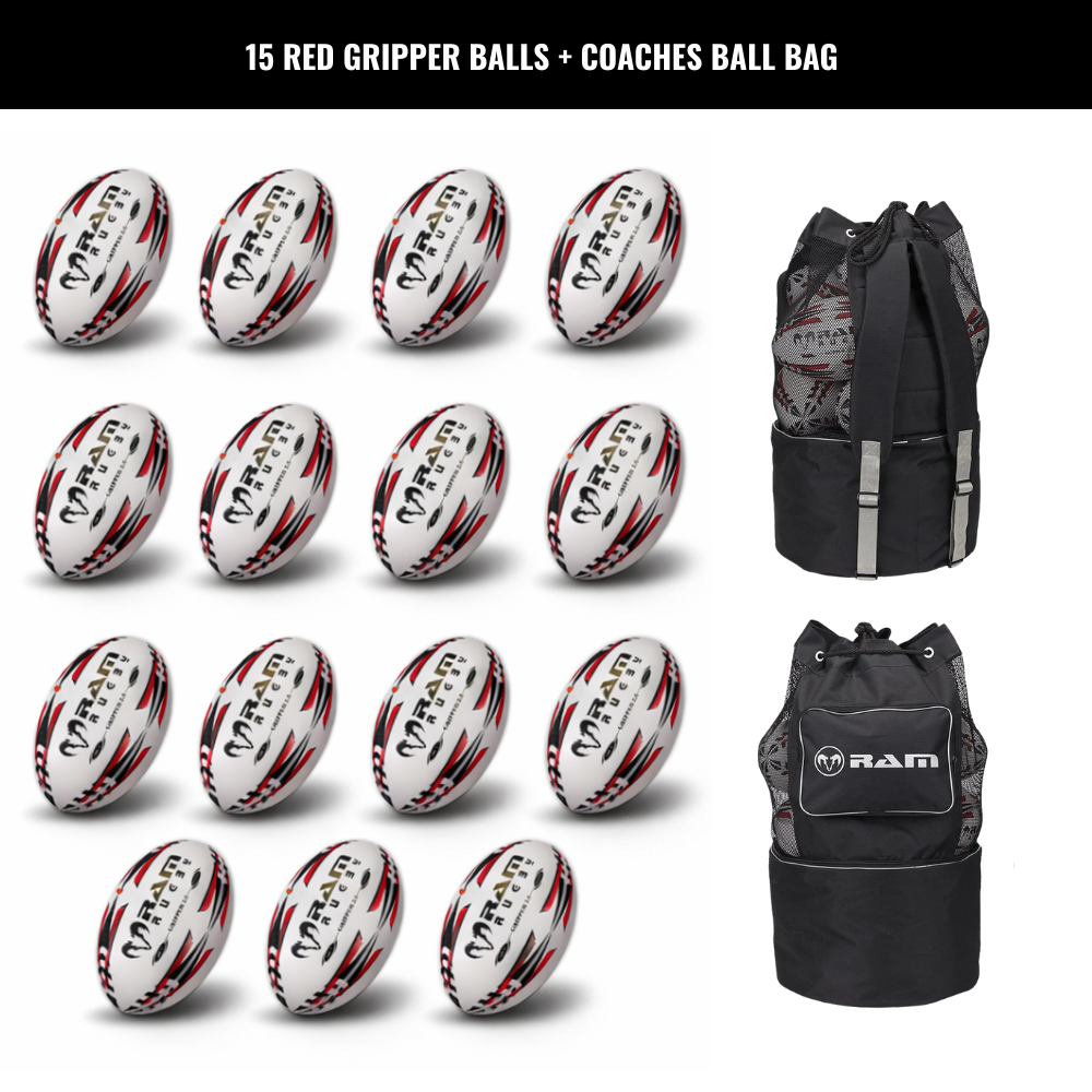 Ram Rugby Gripper 2.0 Pro Trainer Rugby Ball Bundle 15 Balls 1 Bags