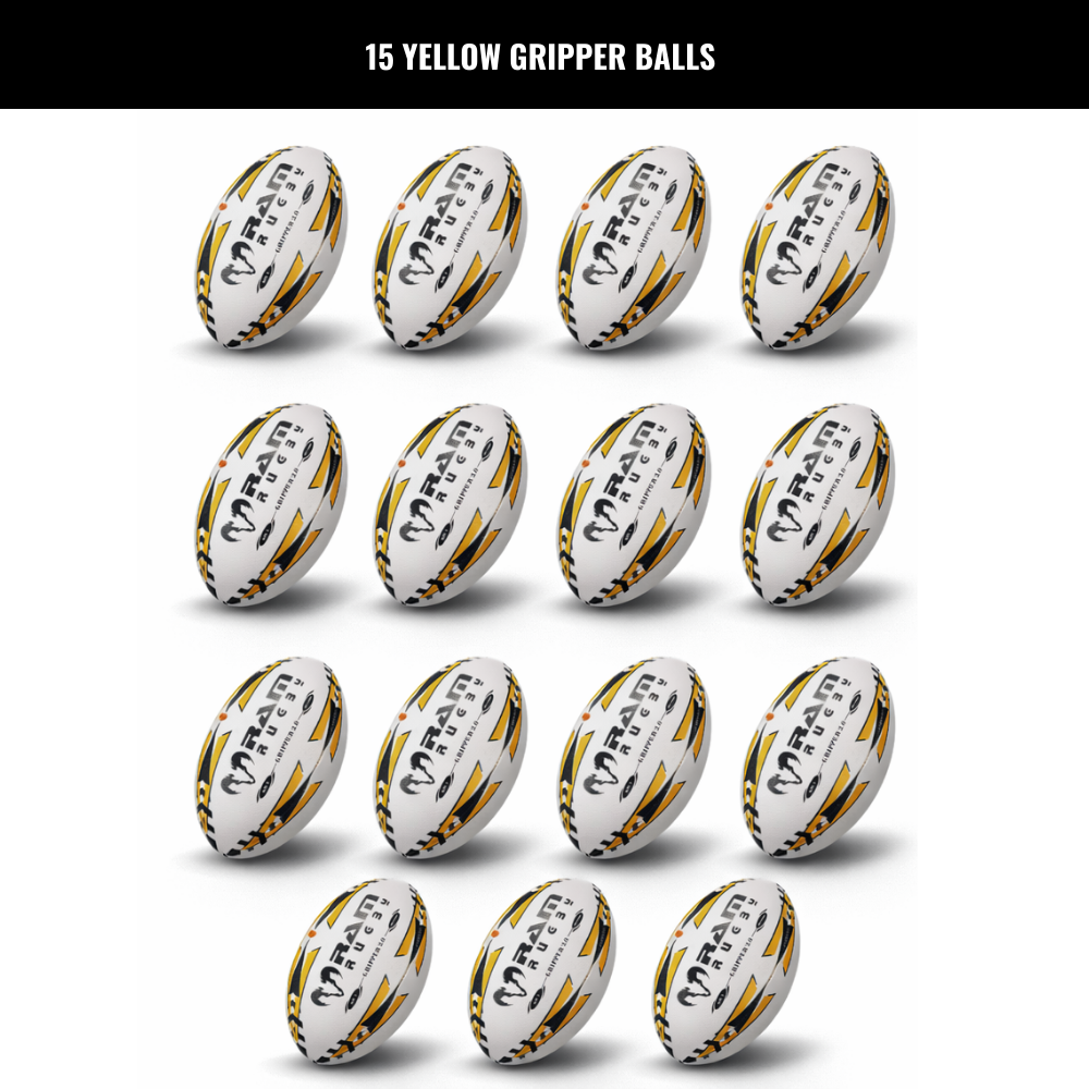 Ram Rugby Gripper 2.0 Pro Trainer Rugby Ball Bundle 15 Balls 1 Bags