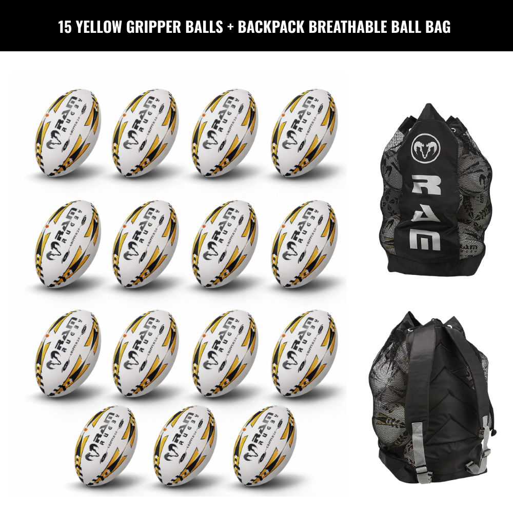 Ram Rugby Gripper 2.0 Pro Trainer Rugby Ball Bundle 15 Balls 1 Bags